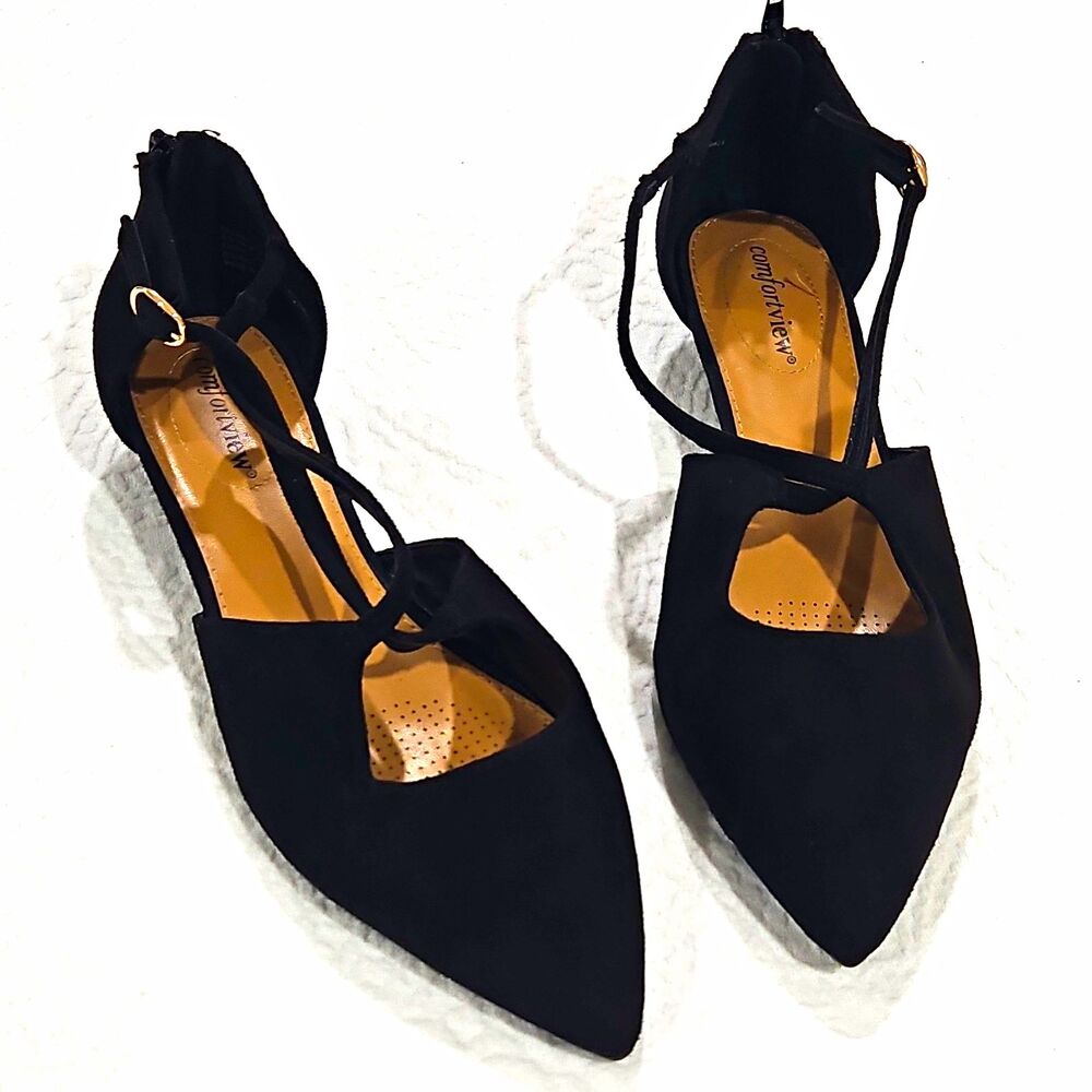 Comfortview Women’s Black Pointed Toe Strappy Kitten Heel Buckle 9.5W Fabric